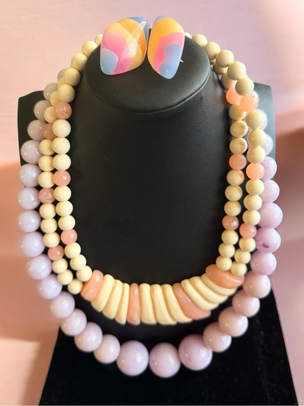 Beaded Pastel Multi-Row Necklace and Earring Set - Pastel Pink, Cream, Lavender